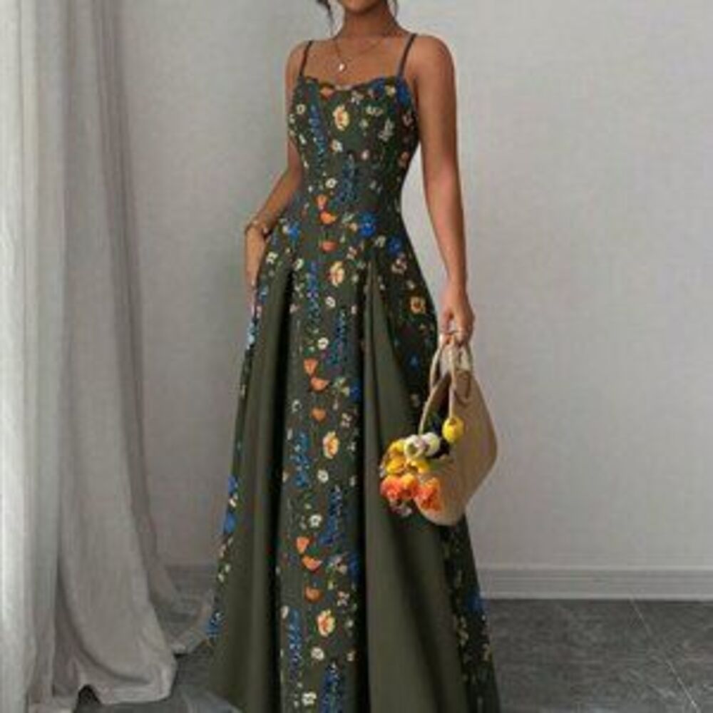 Army Green Boho Women's Elegant Floral Sleeveless Dress - Picture 5 of 5